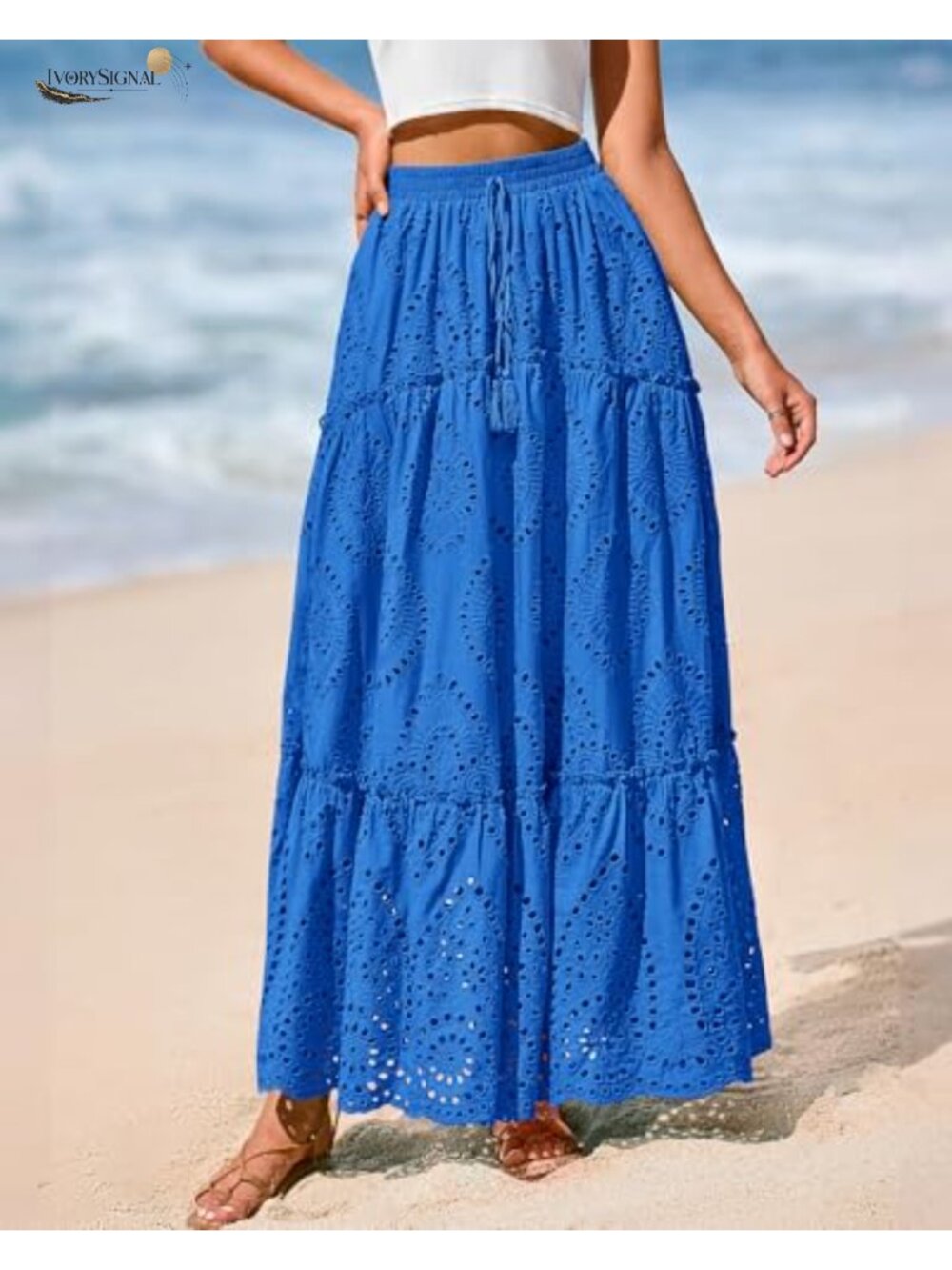 Eyelet Embroidered Maxi Skirt Elastic Waist Flowy A-Line Vacation - Picture 3 of 6